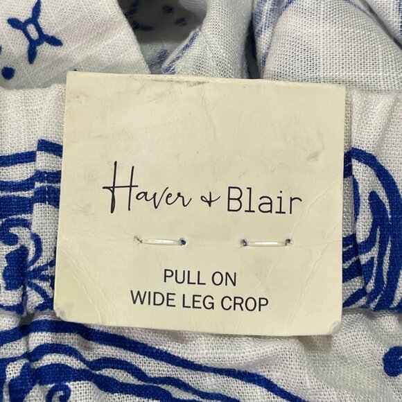 HAVER & BLAIR (NWT) Woven Wide Leg Pull On Crop Linen Blend Pants, BLU/WHT - M - Picture 6 of 8
